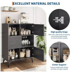 Étagères réglables, Armoire de rangement cannelée avec portes coulissantes, Meuble bas de 109 cm de haut, Support d'affichage moderne à 3 niveaux avec pieds, Salon, Cuisine, Noir