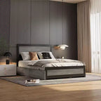 Cadre de lit Acekool Queen Size avec quatre tiroirs de rangement et station de recharge, lit plateforme riveté avec tête de lit, support à lattes métalliques, gris
