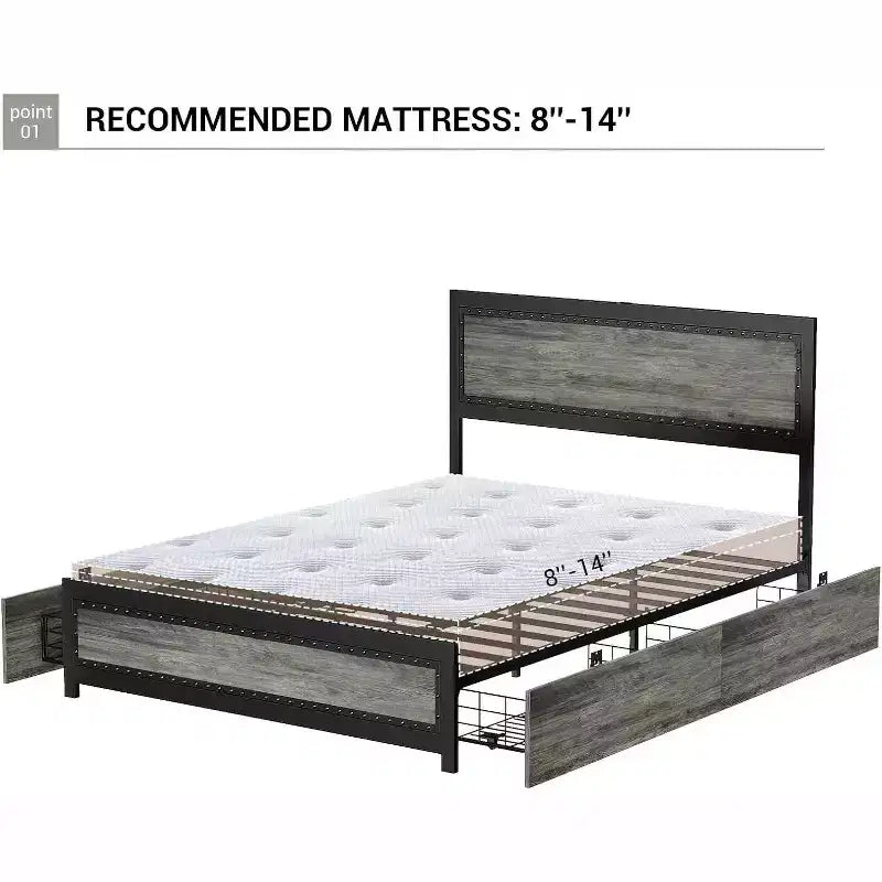 Cadre de lit Acekool Queen Size avec quatre tiroirs de rangement et station de recharge, lit plateforme riveté avec tête de lit, support à lattes métalliques, gris