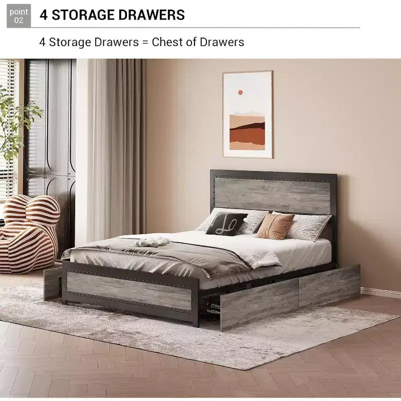 Cadre de lit Acekool Queen Size avec quatre tiroirs de rangement et station de recharge, lit plateforme riveté avec tête de lit, support à lattes métalliques, gris