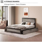 Cadre de lit Acekool Queen Size avec quatre tiroirs de rangement et station de recharge, lit plateforme riveté avec tête de lit, support à lattes métalliques, gris