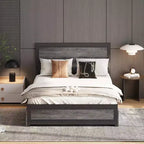Cadre de lit Acekool Queen Size avec quatre tiroirs de rangement et station de recharge, lit plateforme riveté avec tête de lit, support à lattes métalliques, gris