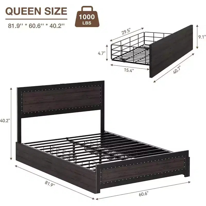 Cadre de lit Acekool Queen Size avec quatre tiroirs de rangement et station de recharge, lit plateforme riveté avec tête de lit, support à lattes métalliques, gris