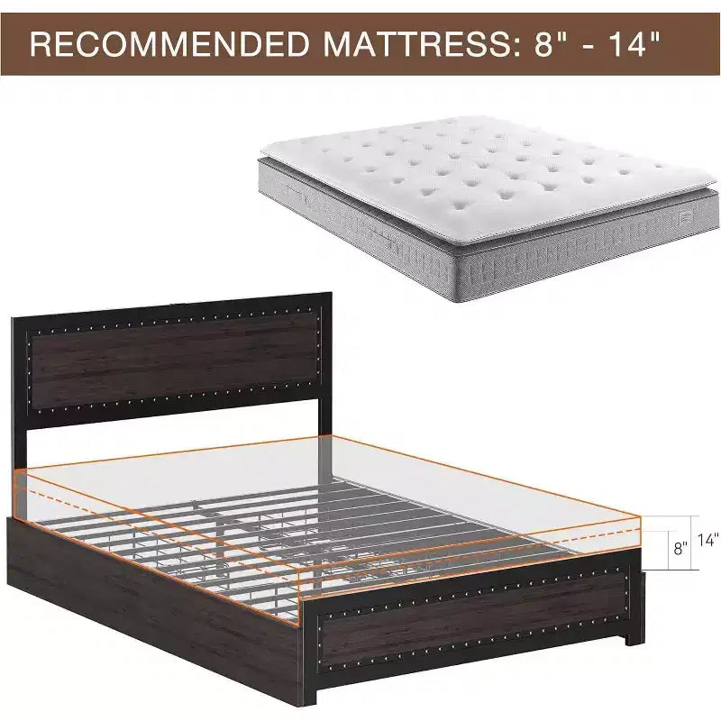 Cadre de lit Acekool Queen Size avec quatre tiroirs de rangement et station de recharge, lit plateforme riveté avec tête de lit, support à lattes métalliques, gris