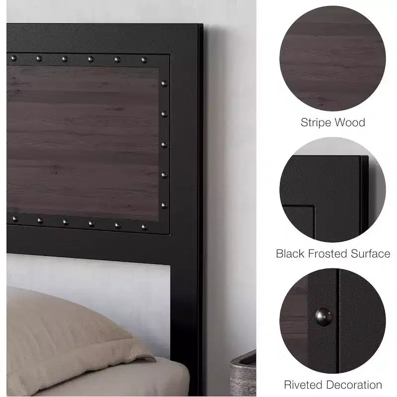 Cadre de lit Acekool Queen Size avec quatre tiroirs de rangement et station de recharge, lit plateforme riveté avec tête de lit, support à lattes métalliques, gris