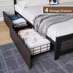 Cadre de lit Acekool Queen Size avec quatre tiroirs de rangement et station de recharge, lit plateforme riveté avec tête de lit, support à lattes métalliques, gris