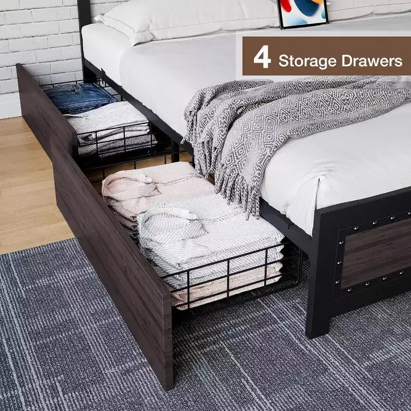 Cadre de lit Acekool Queen Size avec quatre tiroirs de rangement et station de recharge, lit plateforme riveté avec tête de lit, support à lattes métalliques, gris