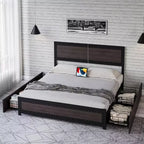 Cadre de lit Acekool Queen Size avec quatre tiroirs de rangement et station de recharge, lit plateforme riveté avec tête de lit, support à lattes métalliques, gris