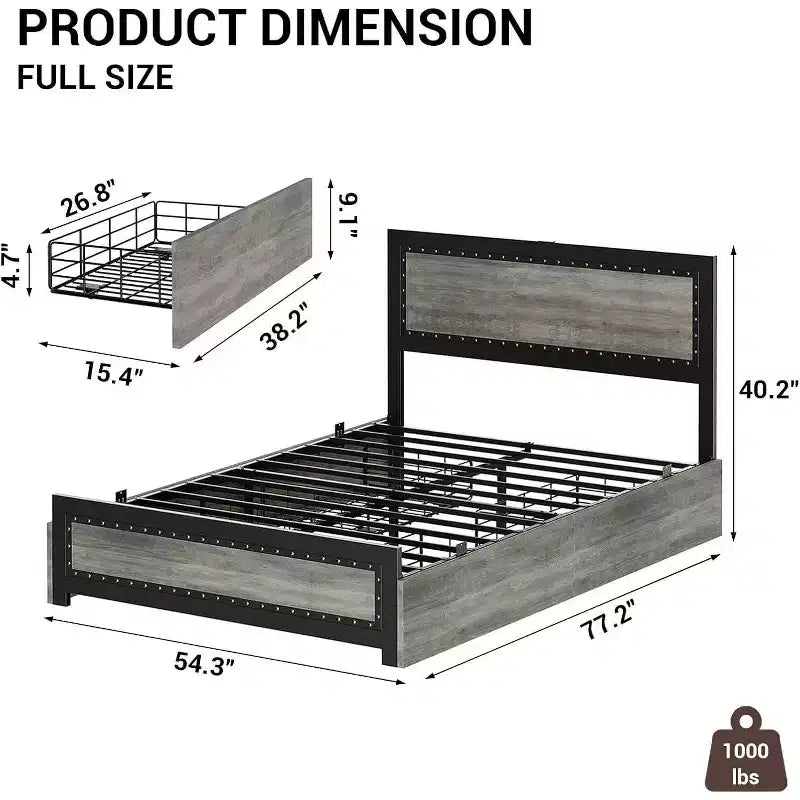 Cadre de lit Acekool Queen Size avec quatre tiroirs de rangement et station de recharge, lit plateforme riveté avec tête de lit, support à lattes métalliques, gris