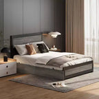 Cadre de lit Acekool Queen Size avec quatre tiroirs de rangement et station de recharge, lit plateforme riveté avec tête de lit, support à lattes métalliques, gris