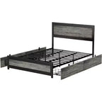 Cadre de lit Acekool Queen Size avec quatre tiroirs de rangement et station de recharge, lit plateforme riveté avec tête de lit, support à lattes métalliques, gris
