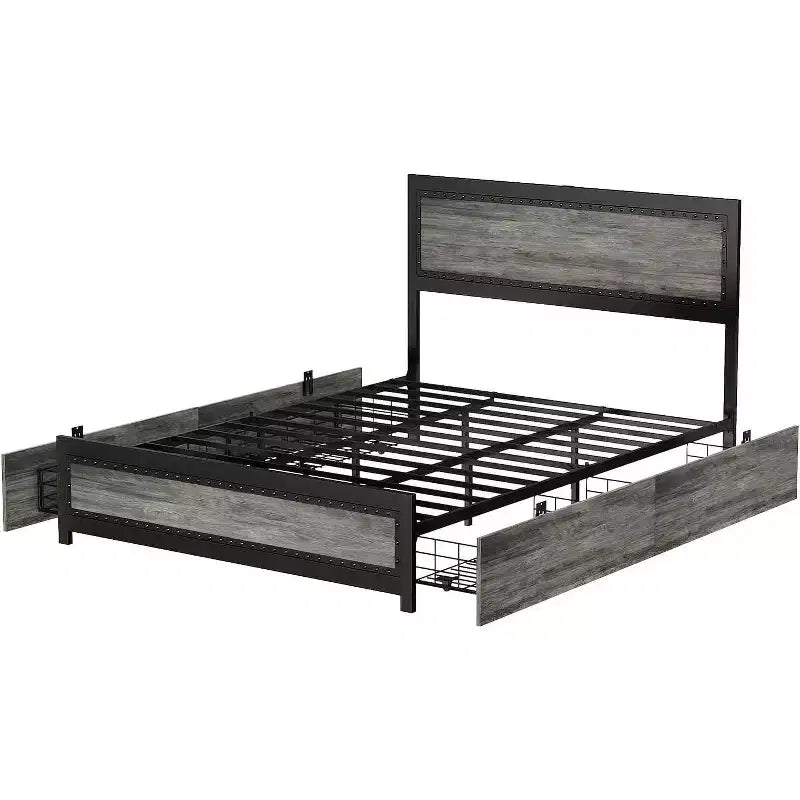 Cadre de lit Acekool Queen Size avec quatre tiroirs de rangement et station de recharge, lit plateforme riveté avec tête de lit, support à lattes métalliques, gris