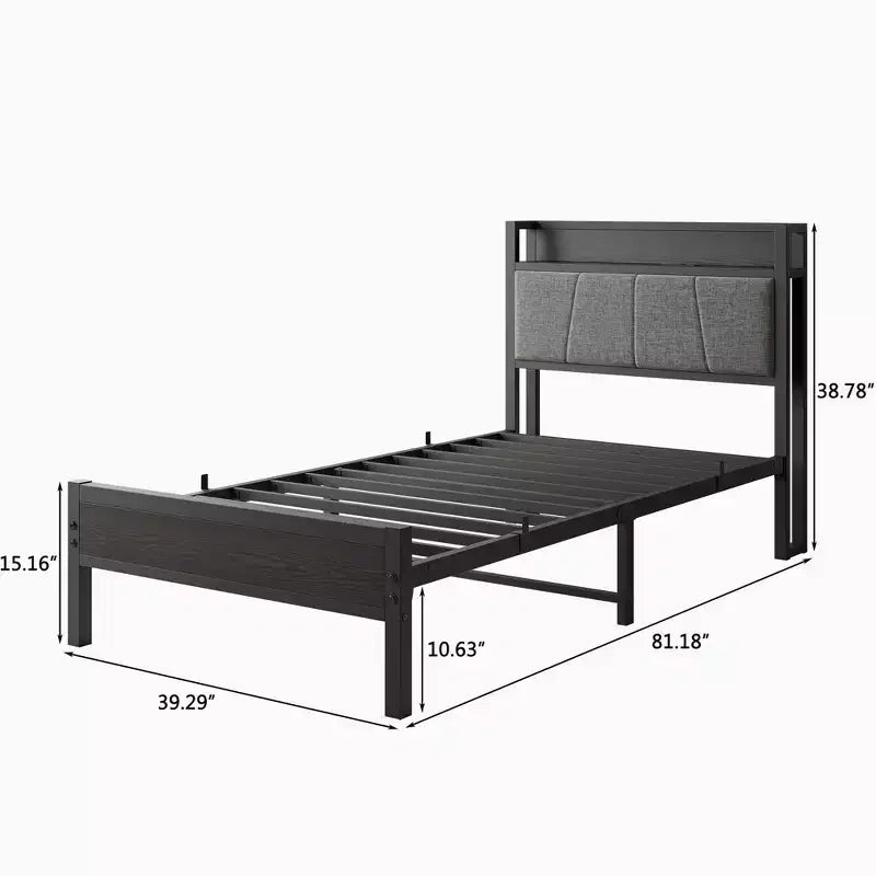 Cadre de lit double Okak avec tête de lit de rangement solide, lit plateforme avec tête de lit de rangement avec station de recharge pour chambre à coucher, noir