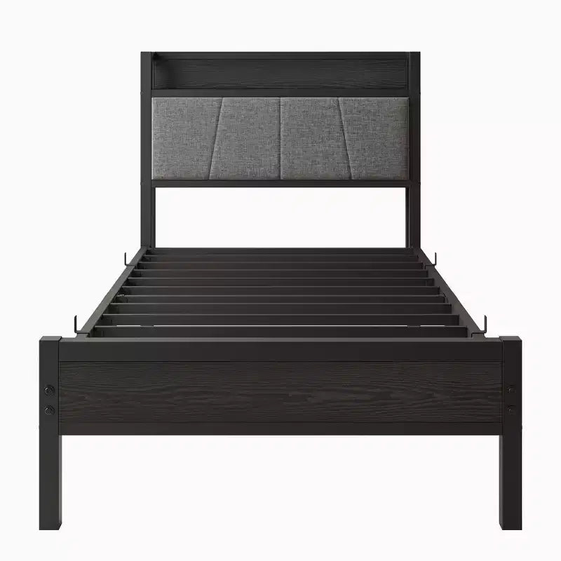 Cadre de lit double Okak avec tête de lit de rangement solide, lit plateforme avec tête de lit de rangement avec station de recharge pour chambre à coucher, noir