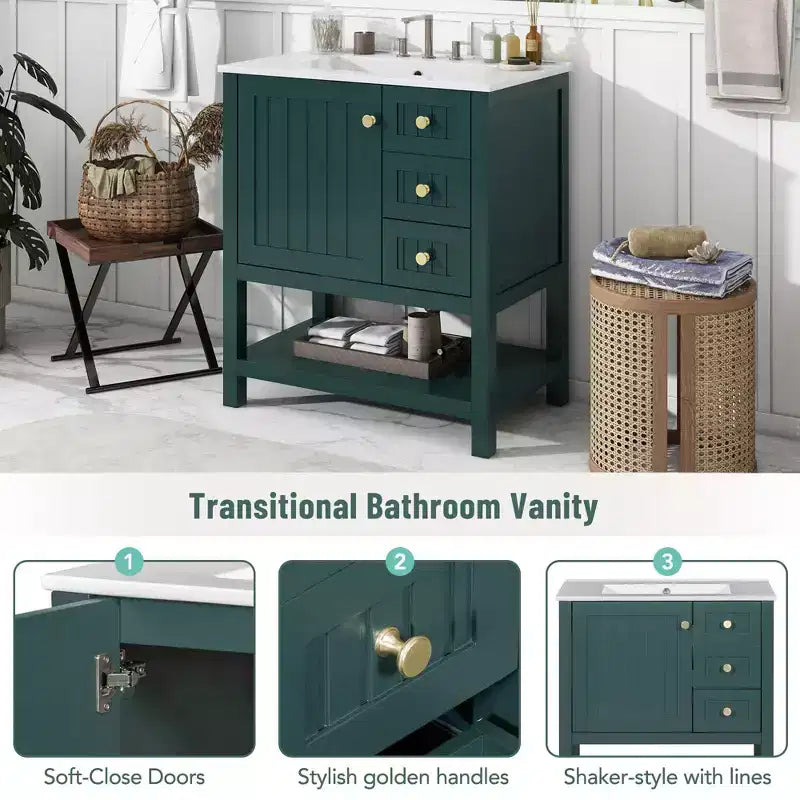 Meuble-lavabo de salle de bain avec évier, 1 porte, 2 tiroirs, étagère de rangement ouverte inférieure (robinets et tuyaux de vidange non inclus)