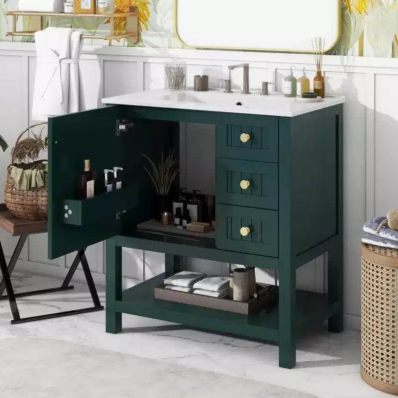 Meuble-lavabo de salle de bain avec évier, 1 porte, 2 tiroirs, étagère de rangement ouverte inférieure (robinets et tuyaux de vidange non inclus)