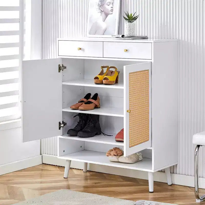 Meuble à chaussures en rotin avec rangement, 2 tiroirs et étagère inférieure, convient pour les entrées, les chambres et les salons.