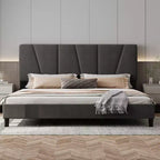 Cadre de lit King Size réglable avec tête de lit tapissée en lin, plateforme de lit robuste à lattes en bois, pas besoin de sommier tapissier, fond de matelas inclus