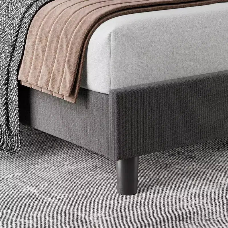 Cadre de lit King Size réglable avec tête de lit tapissée en lin, plateforme de lit robuste à lattes en bois, pas besoin de sommier tapissier, fond de matelas inclus