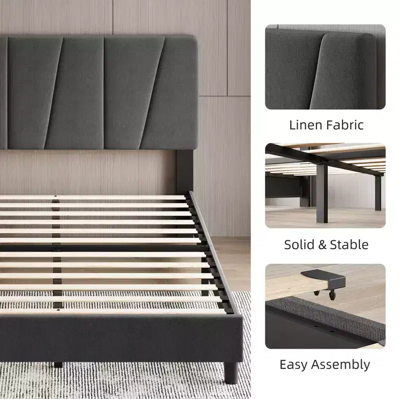Cadre de lit King Size réglable avec tête de lit tapissée en lin, plateforme de lit robuste à lattes en bois, pas besoin de sommier tapissier, fond de matelas inclus