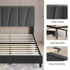 Cadre de lit King Size réglable avec tête de lit tapissée en lin, plateforme de lit robuste à lattes en bois, pas besoin de sommier tapissier, fond de matelas inclus