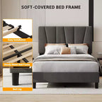 Cadre de lit King Size réglable avec tête de lit tapissée en lin, plateforme de lit robuste à lattes en bois, pas besoin de sommier tapissier, fond de matelas inclus
