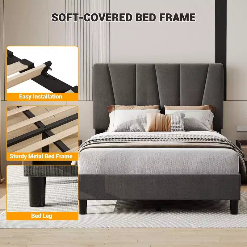 Cadre de lit King Size réglable avec tête de lit tapissée en lin, plateforme de lit robuste à lattes en bois, pas besoin de sommier tapissier, fond de matelas inclus