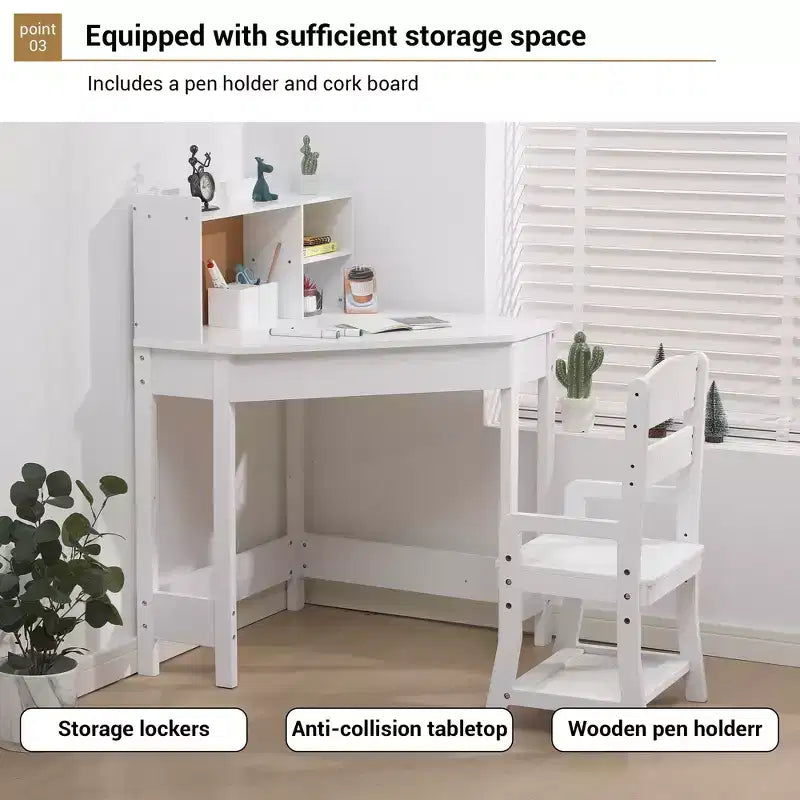 Ensemble bureau et chaise pour enfants, bureau d'angle avec étagère, chaise réglable, tableau en liège, convient aux garçons et aux filles.