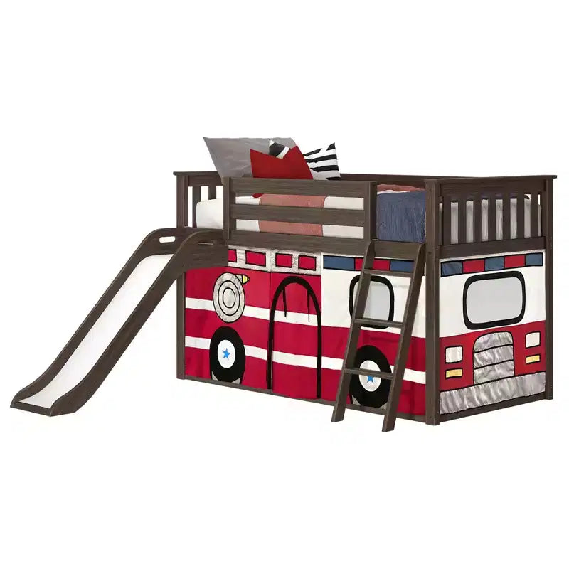 Lit superposé jumeau sur jumeau bas avec toboggan facile et rideau de camion de pompiers