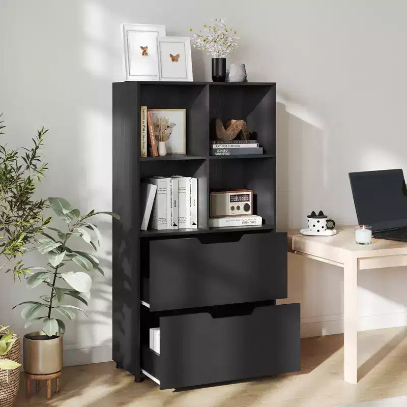 Costway Lot de 2 bibliothèques 4 casiers à 5 niveaux avec 2 tiroirs pour salon, bureau, noir/blanc