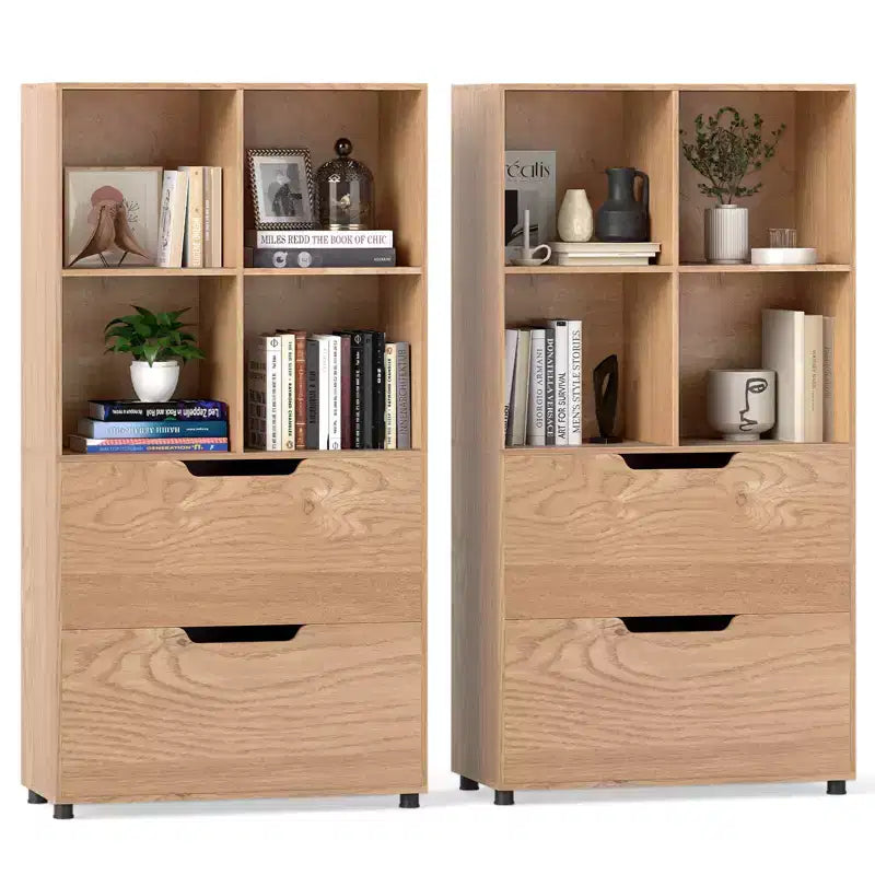 Costway Lot de 2 bibliothèques 4 casiers à 5 niveaux avec 2 tiroirs pour salon, bureau, noir/blanc