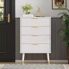 Commode 4 tiroirs, commode cannelée avec pieds et poignées dorés, table de chevet pour chambre à coucher, salon,