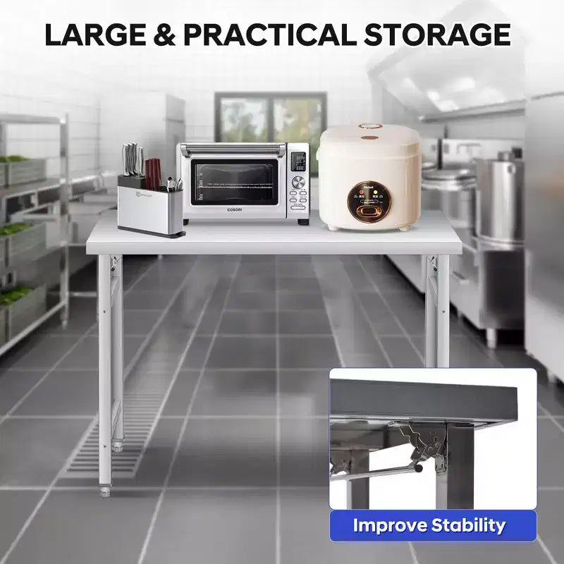 Table pliante en acier inoxydable - convient pour la maison, la cuisine, la salle à manger et l'extérieur ; capacité de charge 235 kg ; simple couche sans étagère inférieure.