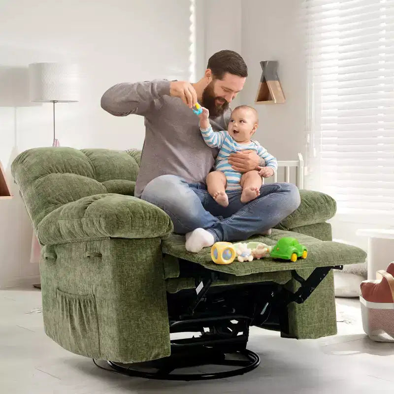 Fauteuil inclinable à bascule, fauteuil à bascule pivotant à 360° pour salon, fauteuil de nurserie rembourré en tissu avec poches latérales pour petits espaces