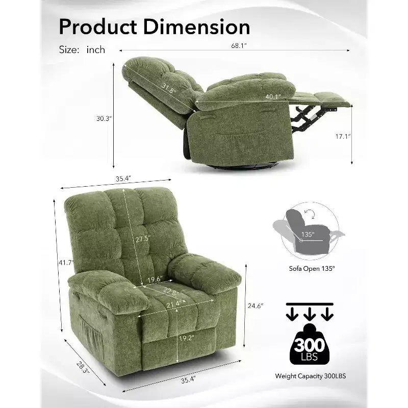 Fauteuil inclinable à bascule, fauteuil à bascule pivotant à 360° pour salon, fauteuil de nurserie rembourré en tissu avec poches latérales pour petits espaces
