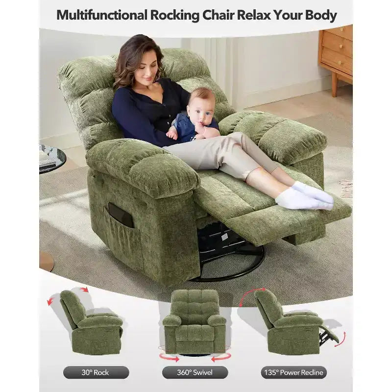 Fauteuil inclinable à bascule, fauteuil à bascule pivotant à 360° pour salon, fauteuil de nurserie rembourré en tissu avec poches latérales pour petits espaces