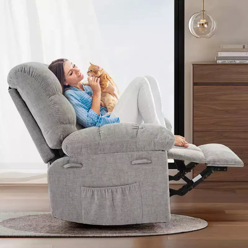 Fauteuil inclinable à bascule, fauteuil à bascule pivotant à 360° pour salon, fauteuil de nurserie rembourré en tissu avec poches latérales pour petits espaces