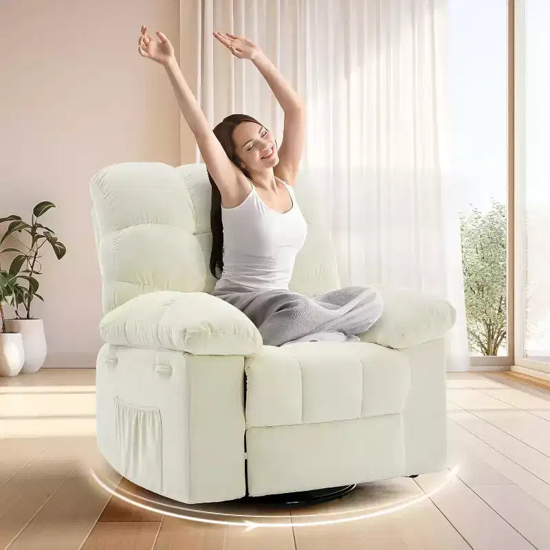 Fauteuil inclinable à bascule, fauteuil à bascule pivotant à 360° pour salon, fauteuil de nurserie rembourré en tissu avec poches latérales pour petits espaces