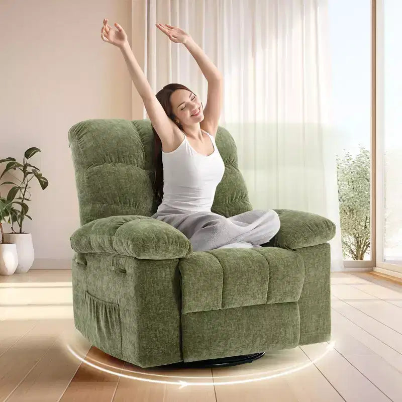 Fauteuil inclinable à bascule, fauteuil à bascule pivotant à 360° pour salon, fauteuil de nurserie rembourré en tissu avec poches latérales pour petits espaces