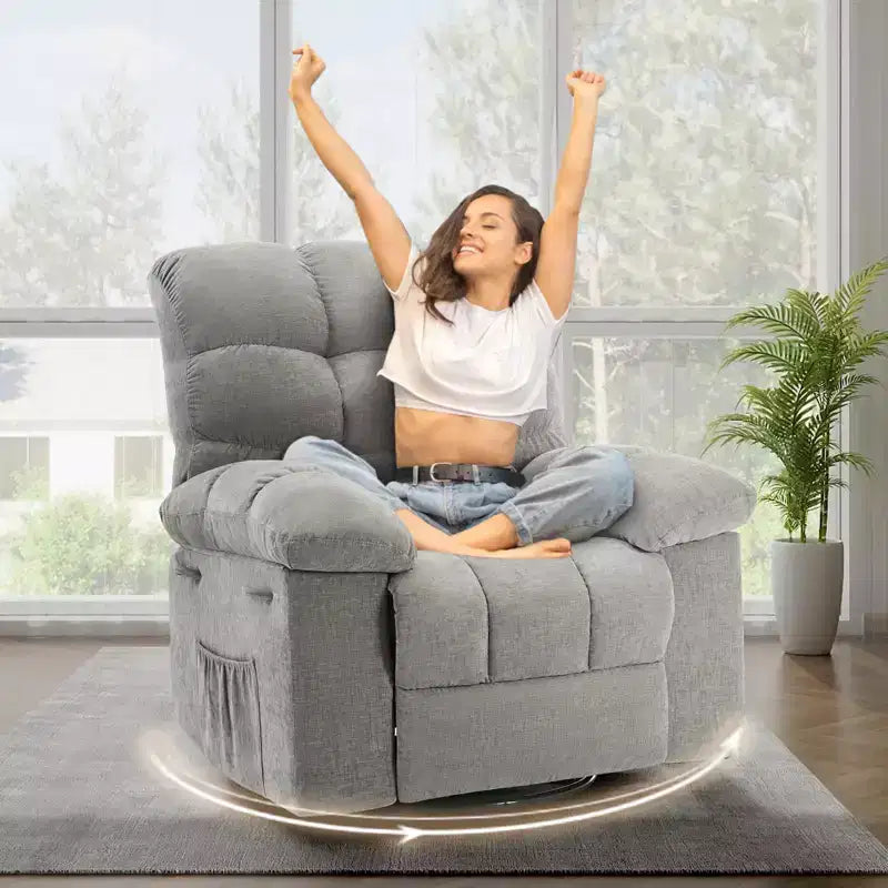 Fauteuil inclinable à bascule, fauteuil à bascule pivotant à 360° pour salon, fauteuil de nurserie rembourré en tissu avec poches latérales pour petits espaces