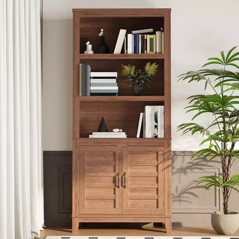 71 Tall Farmhouse Bookcase with Doors,5-Tier Narrow Wooden Display & Storage Cabinet, Adjustable Shelf for Apartments, Living Room