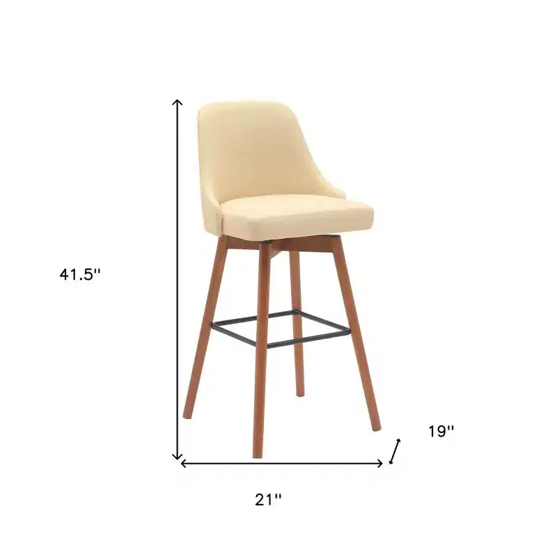 Chaise de bar HomeRoots pivotante de 76 cm, hauteur bar, en similicuir crème et bois marron avec pieds en bois massif