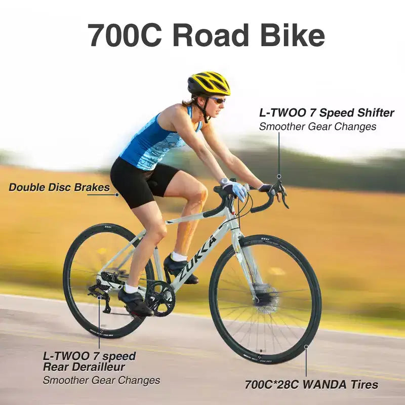 Vélo de Route Okak 700C avec Système 7 Vitesses, Vélo Adulte avec Cadre et Jante en Alliage d'Aluminium, Vélo à Frein à Disque pour Hommes et Femmes
