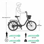 Vélos Cruiser Okak 22" avec panier avant, vélo pour filles avec cadre en acier, freins en V et selles confort, vélo adulte pour filles et femmes