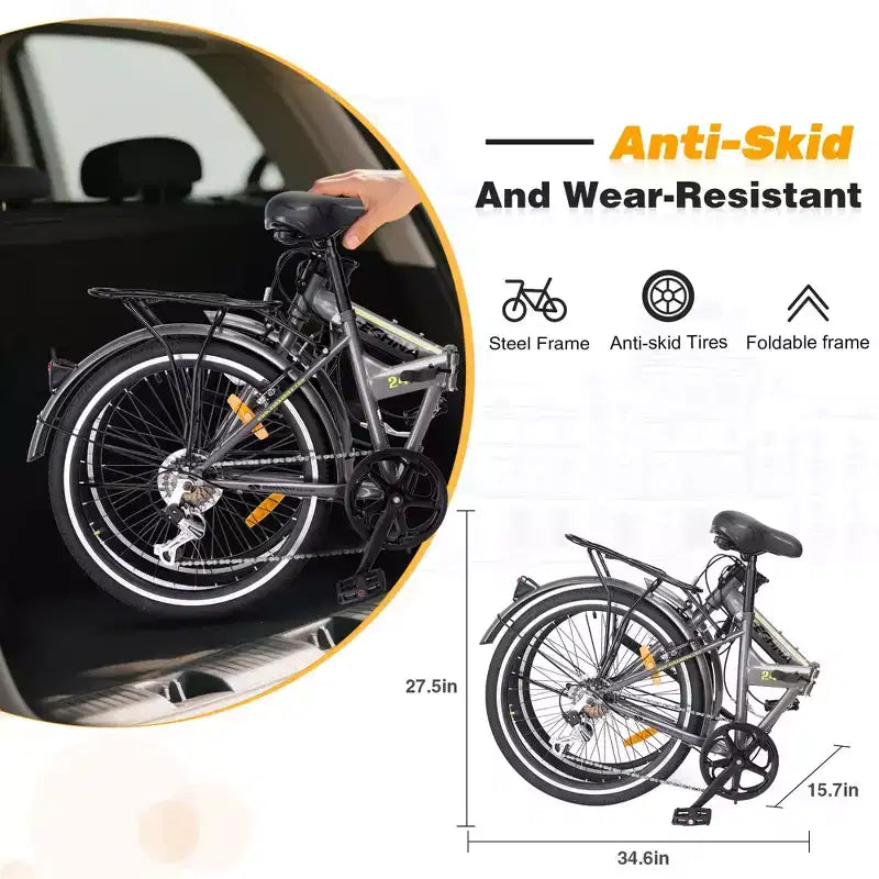 Vélo pliant Okak 24 pouces avec 7 vitesses et cadre en acier, vélos de croisière avec porte-bagages arrière et garde-boue, vélo adulte pour les voyages et les trajets quotidiens