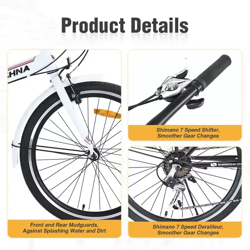 Vélo pliant Okak 24 pouces avec 7 vitesses et cadre en acier, vélos de croisière avec porte-bagages arrière et garde-boue, vélo adulte pour les voyages et les trajets quotidiens