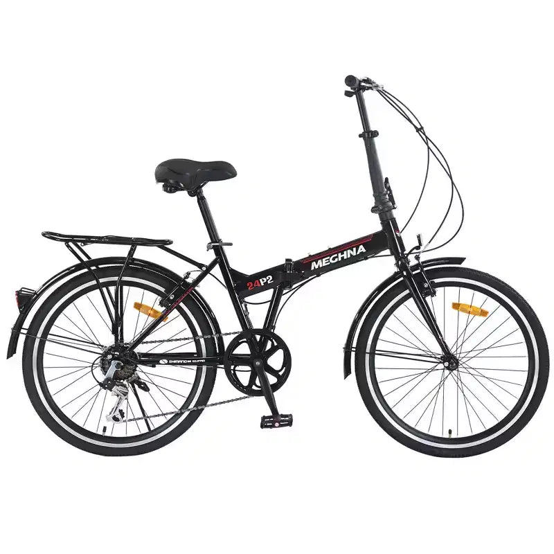 Vélo pliant Okak 24 pouces avec 7 vitesses et cadre en acier, vélos de croisière avec porte-bagages arrière et garde-boue, vélo adulte pour les voyages et les trajets quotidiens