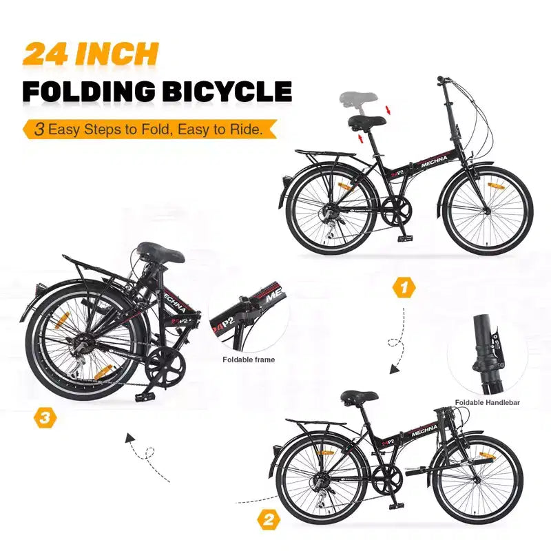 Vélo pliant Okak 24 pouces avec 7 vitesses et cadre en acier, vélos de croisière avec porte-bagages arrière et garde-boue, vélo adulte pour les voyages et les trajets quotidiens