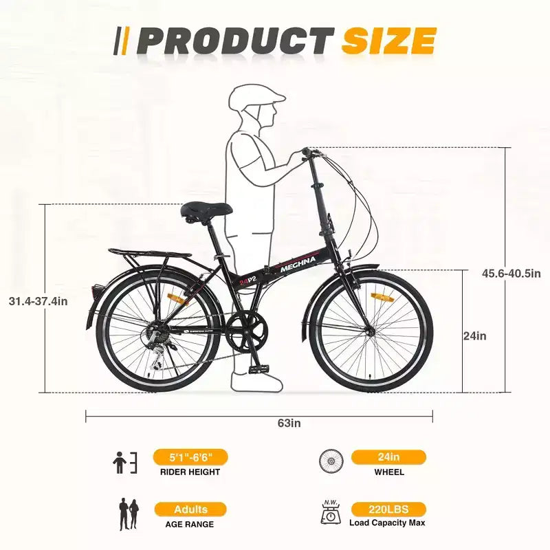 Vélo pliant Okak 24 pouces avec 7 vitesses et cadre en acier, vélos de croisière avec porte-bagages arrière et garde-boue, vélo adulte pour les voyages et les trajets quotidiens