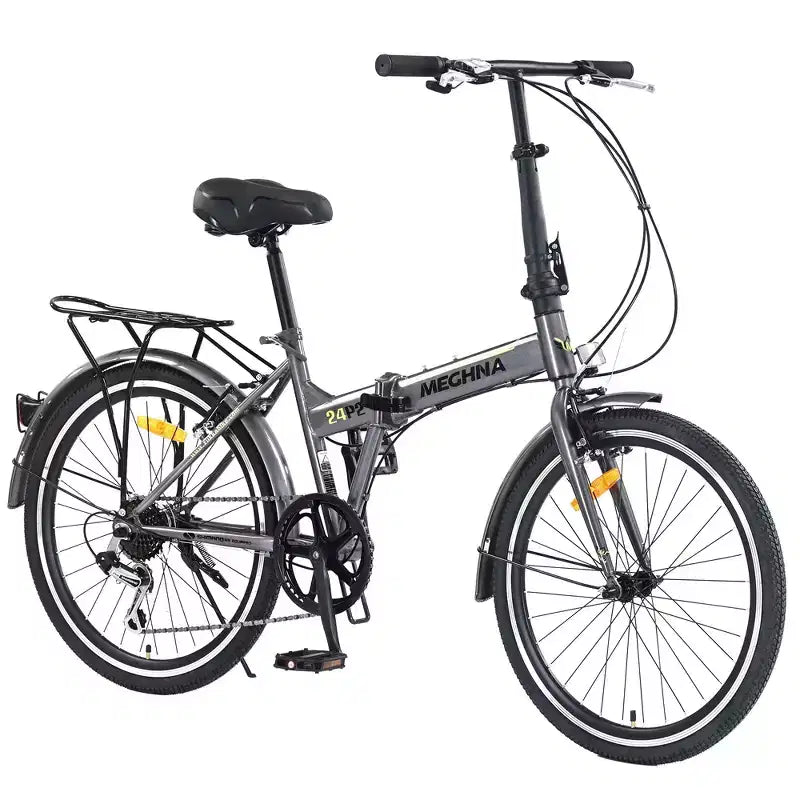 Okak 24IN Folding Bike with 7 Speed and Steel Frame, Cruiser Bikes with Rear Shelf and Mudguard, Adult Bike for Traval and Commuting